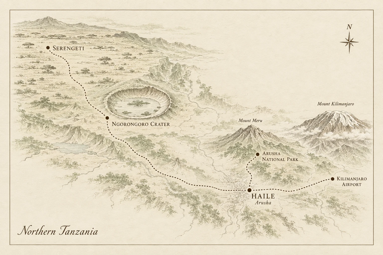 Illustrated map of northern Tanzania, with Haile in Arusha linked to Kilimanjaro Airport, Arusha National Park, Ngorongoro Crater and the Serengeti. Mount Meru and Mount Kilimanjaro appear to the northeast. Not to scale.