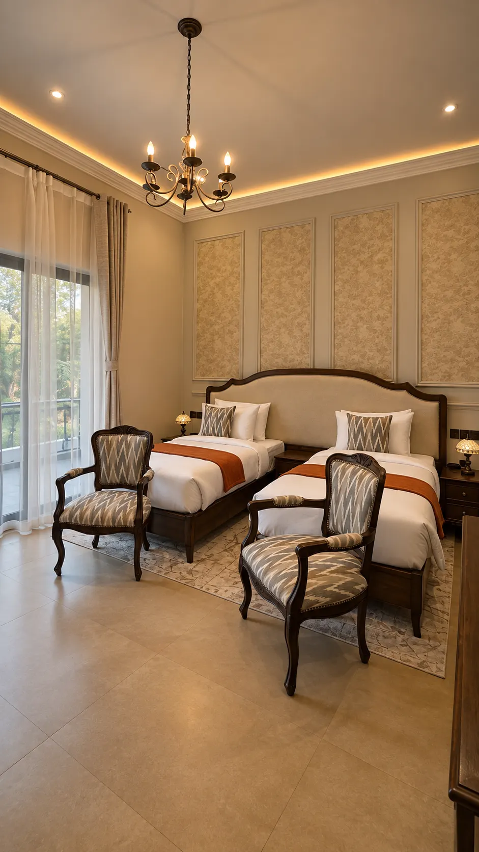 The Heritage Room at night, garden doors open.