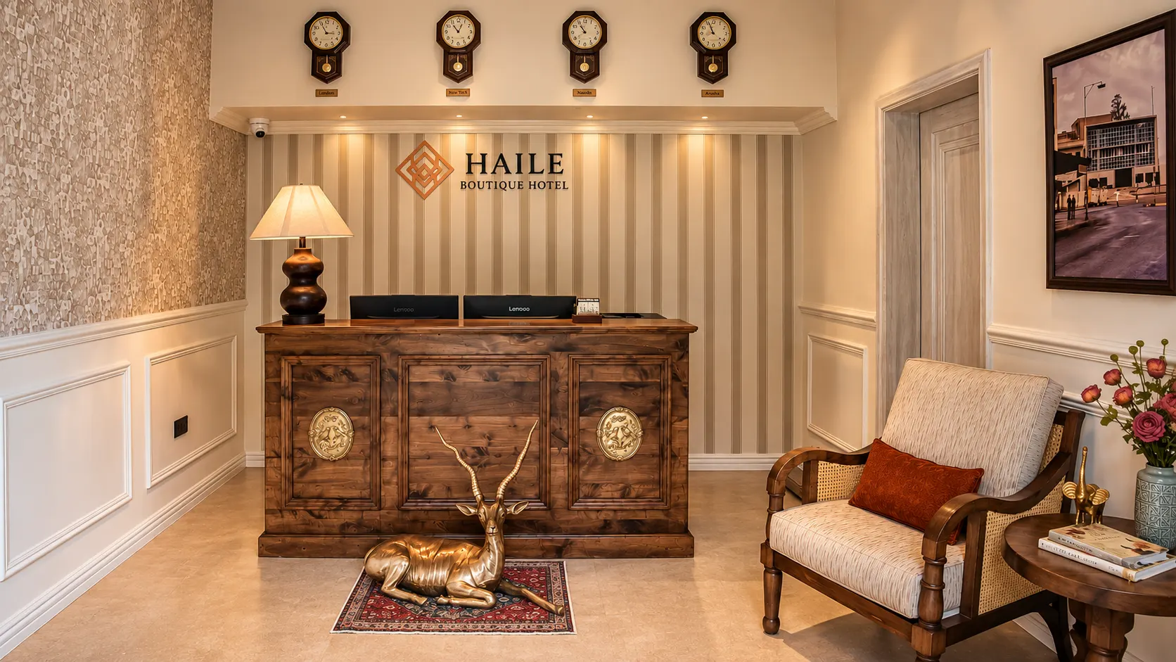 The reception desk in walnut, with a shaded lamp and cut roses.