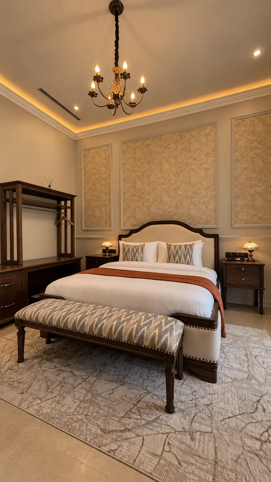 A bedroom in warm evening light.
