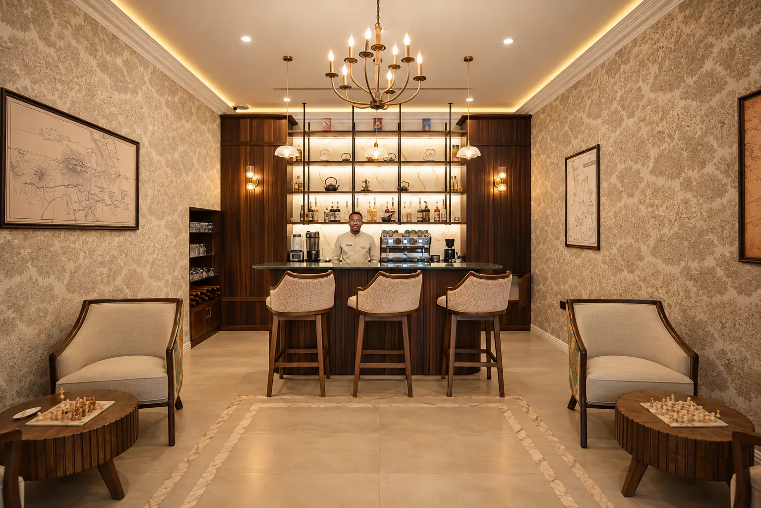 Haile Brew &mdash; the coffee room, with a brass chandelier, antique maps of Arusha on the walls, and a chess table by the window.