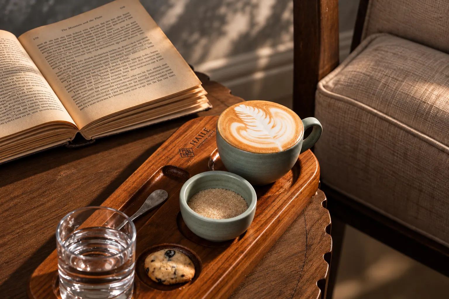 Haile Brew &mdash; the coffee room, with a brass chandelier, antique maps of Arusha on the walls, and a chess table by the window.