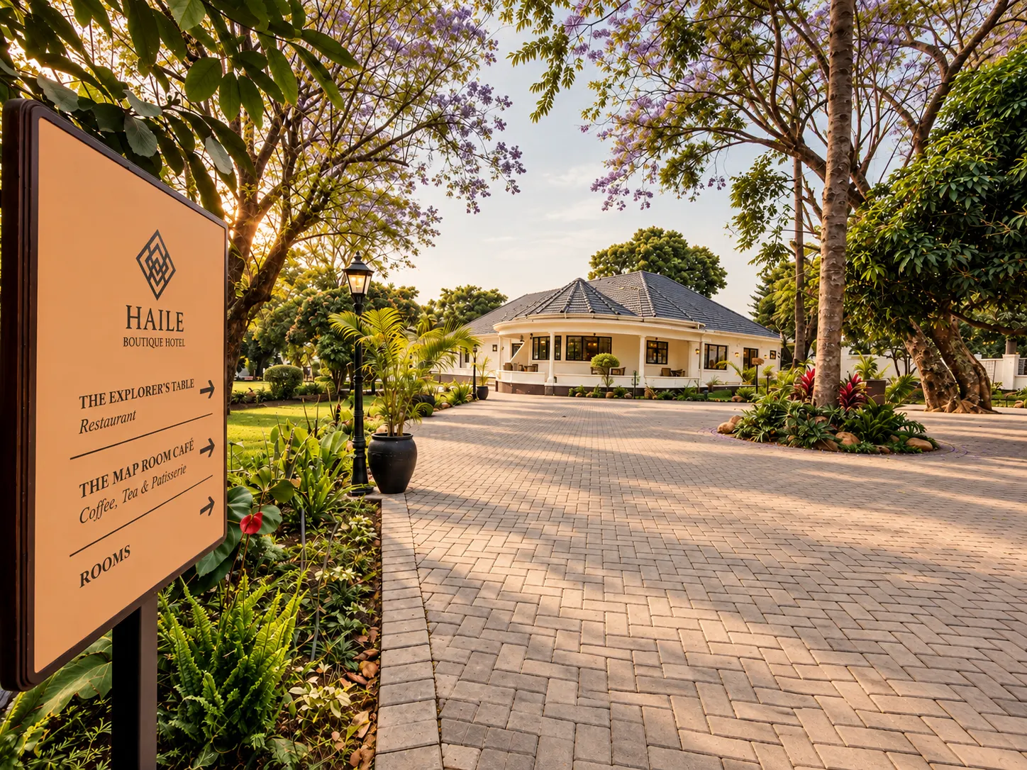 Haile Boutique Hotel at golden hour — a white 1950s house with a wraparound veranda and a tiled roof, palms and a warm brick forecourt.