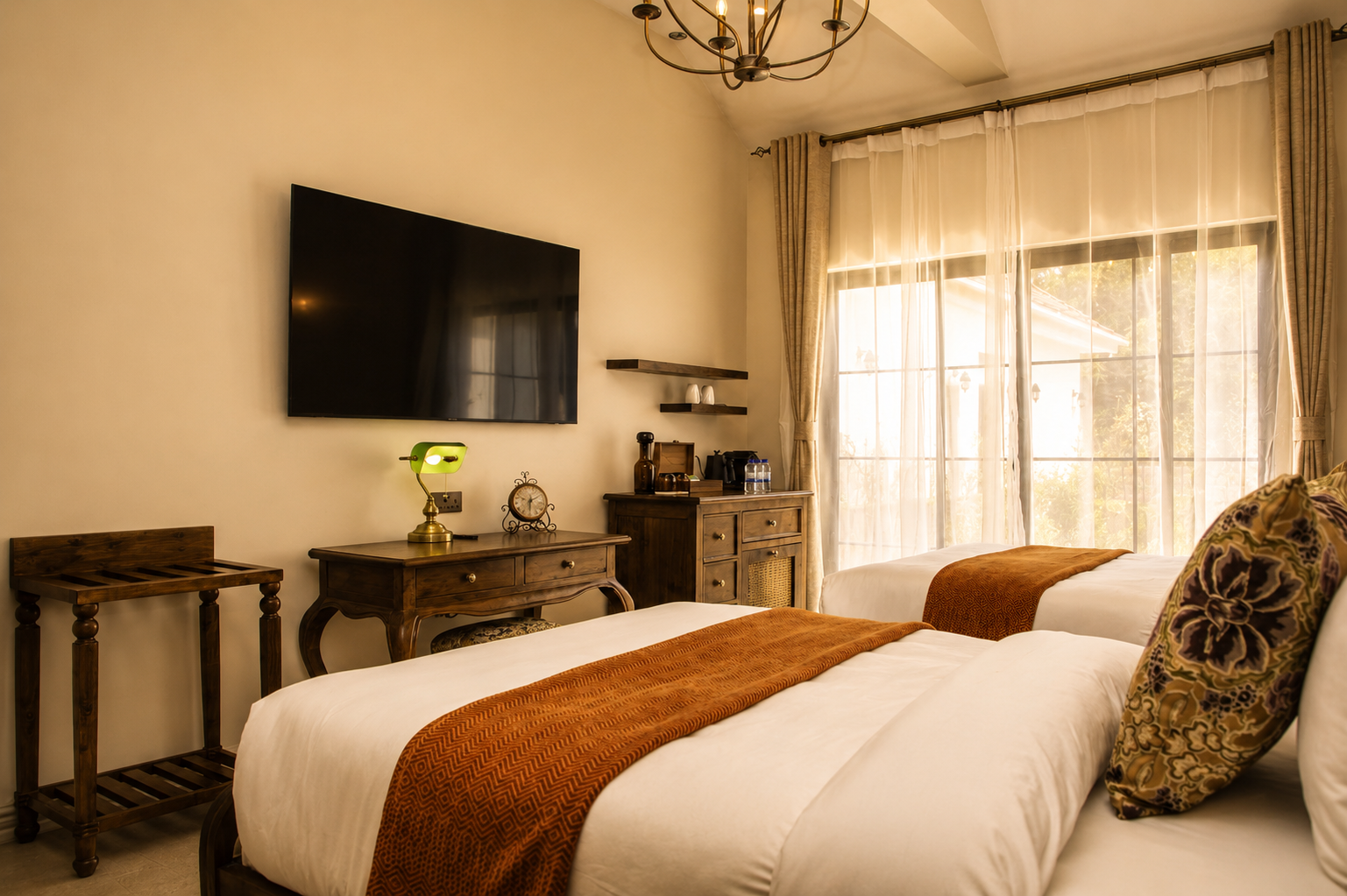 The Heritage Twin: two teak beds under a corner window, linen dressed, the garden on two sides.